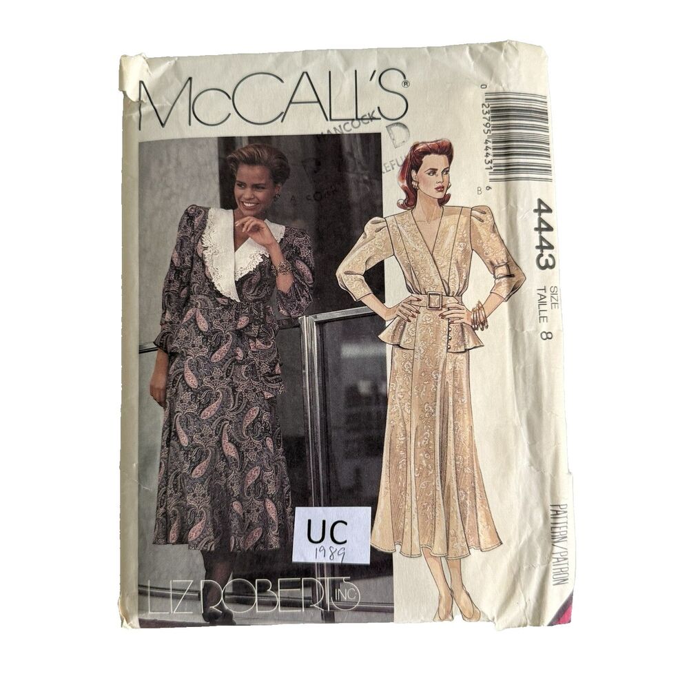 Vintage 80s McCalls 4443 Sewing Pattern Misses Dress Liz Roberts Peplum Sz 8 UC
